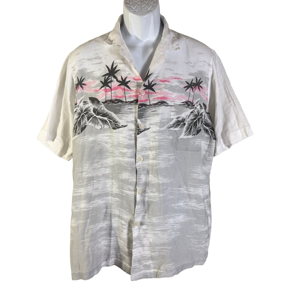 Alexander Martin Button Down Shirt‎ Mens XL White Grey Tropical Palm Tree Print